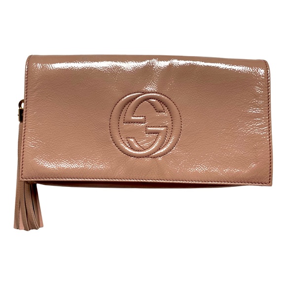 Auth GUCCI Soho Disco Blush Pink Nude Patent Leather Clutch Bag w/ Fringe Tassel